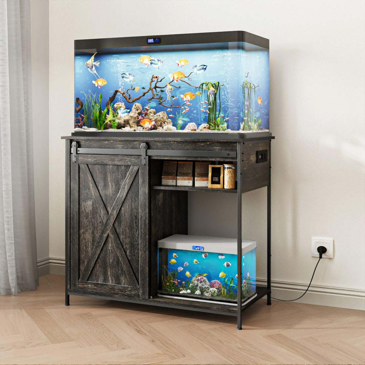 40-50 Gallon Fish Tank Stand with Power Outlets,Farmhouse 50 Gallon Aquarium Stand with Sliding Barn Door Heavy Duty Aquarium Cabinet for 2 Fish Tank/Turtle Tank/Reptile Terrarium YDTOP