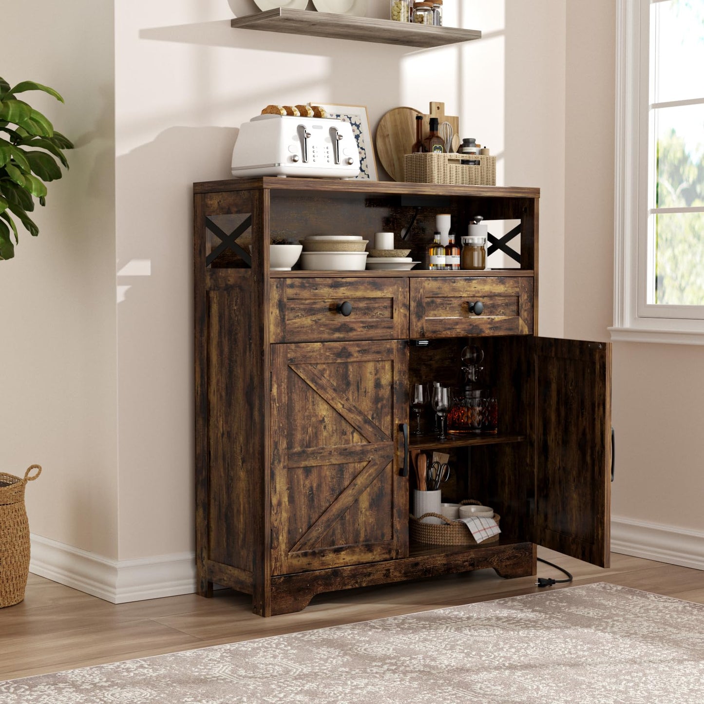 31.5" Rustic Brown Storage Cabinet with Doors and Drawers, Farmhouse Sideboard Buffet Cabinet with Storage, Kitchen Pantry Hutch Cabinet, Coffee Bar Station Table for Kitchen, Livingroom, Dining Room