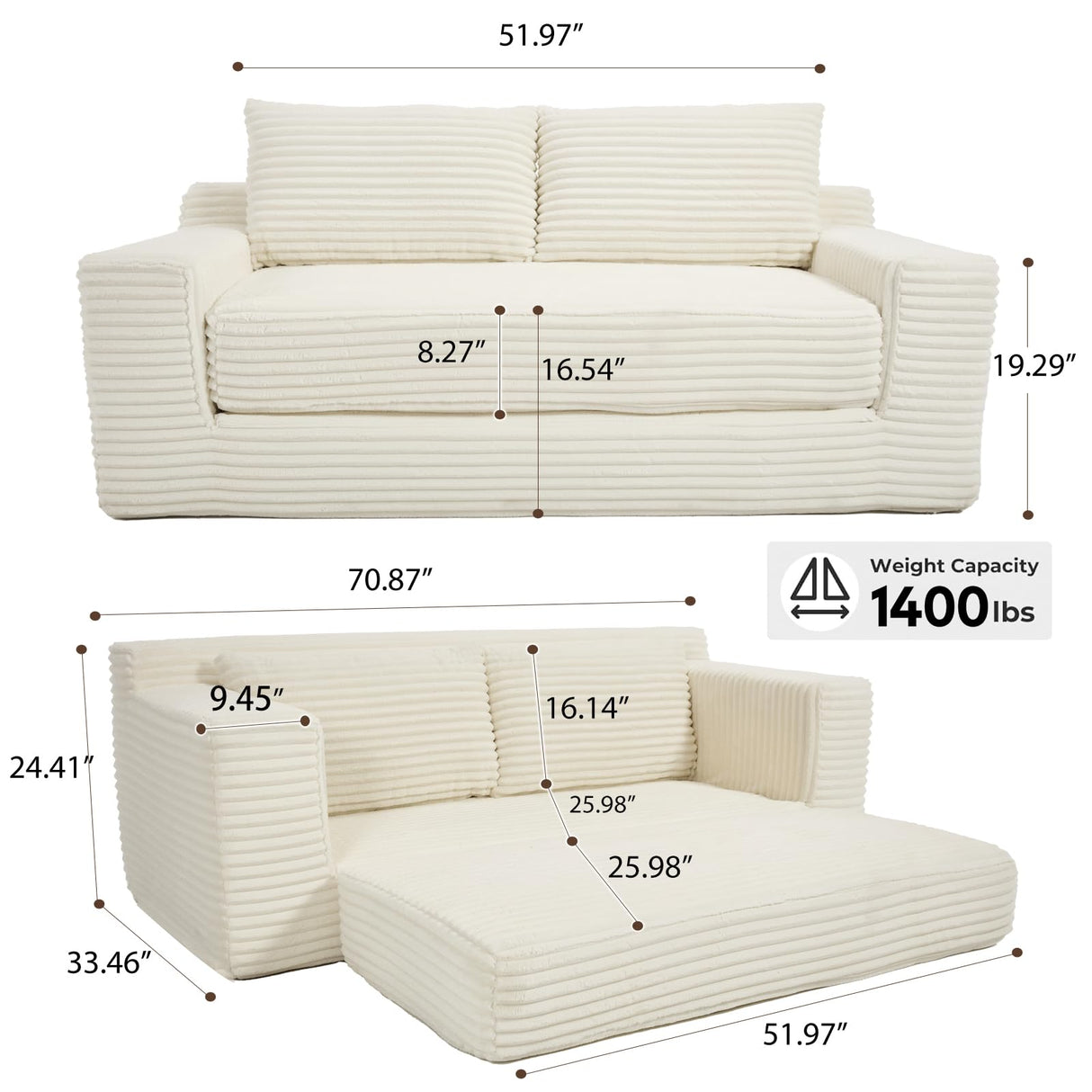GNIXUU Corduroy Cloud Loveseat Sofa, 2 in 1 Convertible Sleeper Sofa with Fixed-Shape Frame, Comfy Folding Boneless Love Seat Couches for Living Room, Apartment, Small Spaces Beige GNIXUU