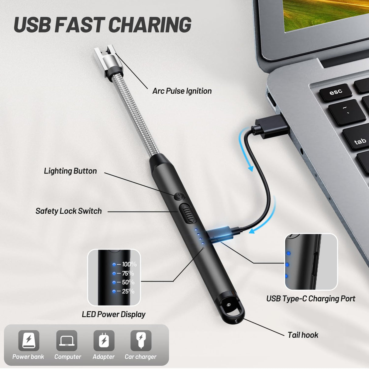 VEHHE Electric Lighter with 360° Flexible Neck, Flameless Windproof Long Candle Lighter with Led Battery Display, USB C Rechargeable Lighter with Hanging Hook for Gifts BBQ Fireworks (Black) VEHHE