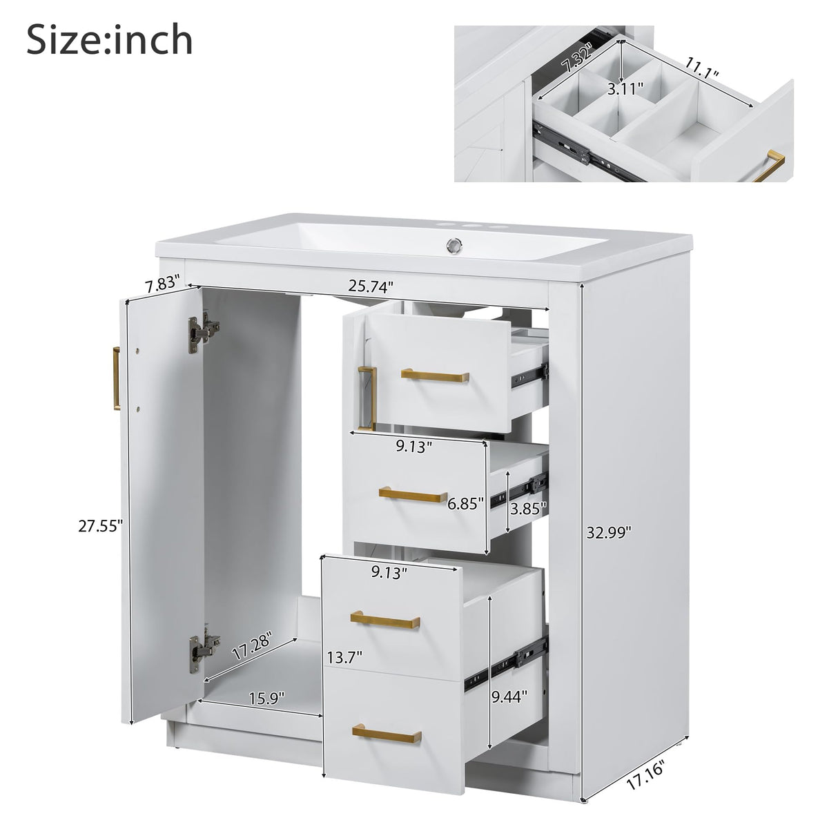 Virubi 30 Inch Bathroom Vanity with Ceramic Sink, Traditional Bathroom Storage Cabinet with 3 Drawers and 2 Chevron Front Doors, Solid Wood Frame Bathroom Vanities Virubi