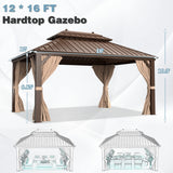 MELLCOM 12' x 16' Hardtop Gazebo, Galvanized Steel Metal Double Roof Aluminum Gazebo with Curtains and Netting, Brown Permanent Pavilion Gazebo with Frame for Patios, Gardens, Lawns MELLCOM
