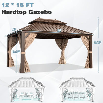 MELLCOM 12' x 16' Hardtop Gazebo, Galvanized Steel Metal Double Roof Aluminum Gazebo with Curtains and Netting, Brown Permanent Pavilion Gazebo with Frame for Patios, Gardens, Lawns - WoodArtSupply