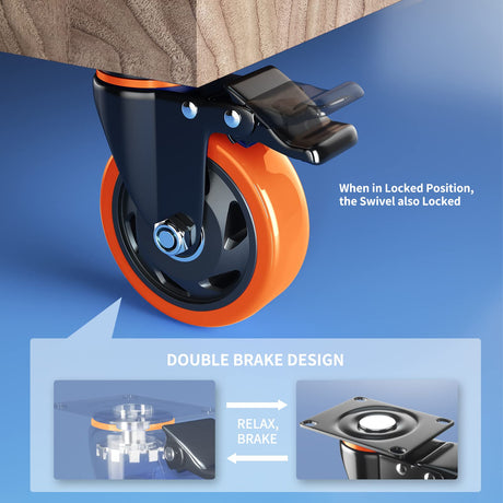 4 Inch Caster Wheels Heavy Duty 2200Lbs, Casters Set of 4 with Safety Dual Locking, Swivel Industrial Plate Casters, No Noise Wheels for Cart, Furniture(Bonus of 2 Hardware Kits & Gloves) WOZESEIK