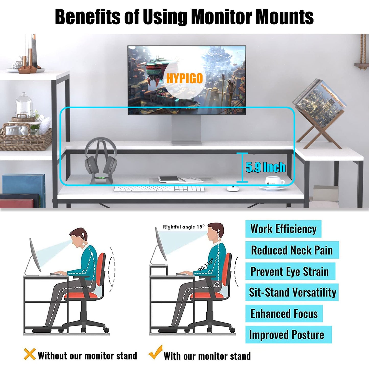 Extra Long White Double Computer Desk with Storage Shelves & Monitor Stand by HYPIGO - WoodArtSupply