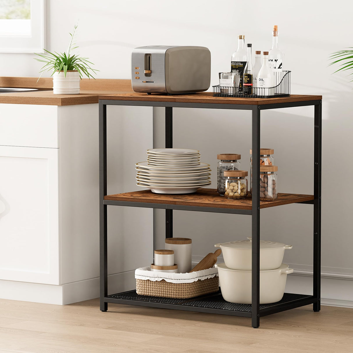 Homleke Kitchen Island with 3 Shelves, Kitchen Shelf with Large Workstation, Bakers Rack, Workbench, Metal Frame, Rustic Brown and Black Homleke