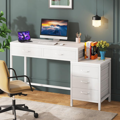 Tribesigns Computer Desk with 5 Drawers, Home Office Desks with Reversible Drawer Cabinet Printer Stand, Industrial PC Desk with Storage, White Study Writing Table Workstation for Small Space - WoodArtSupply