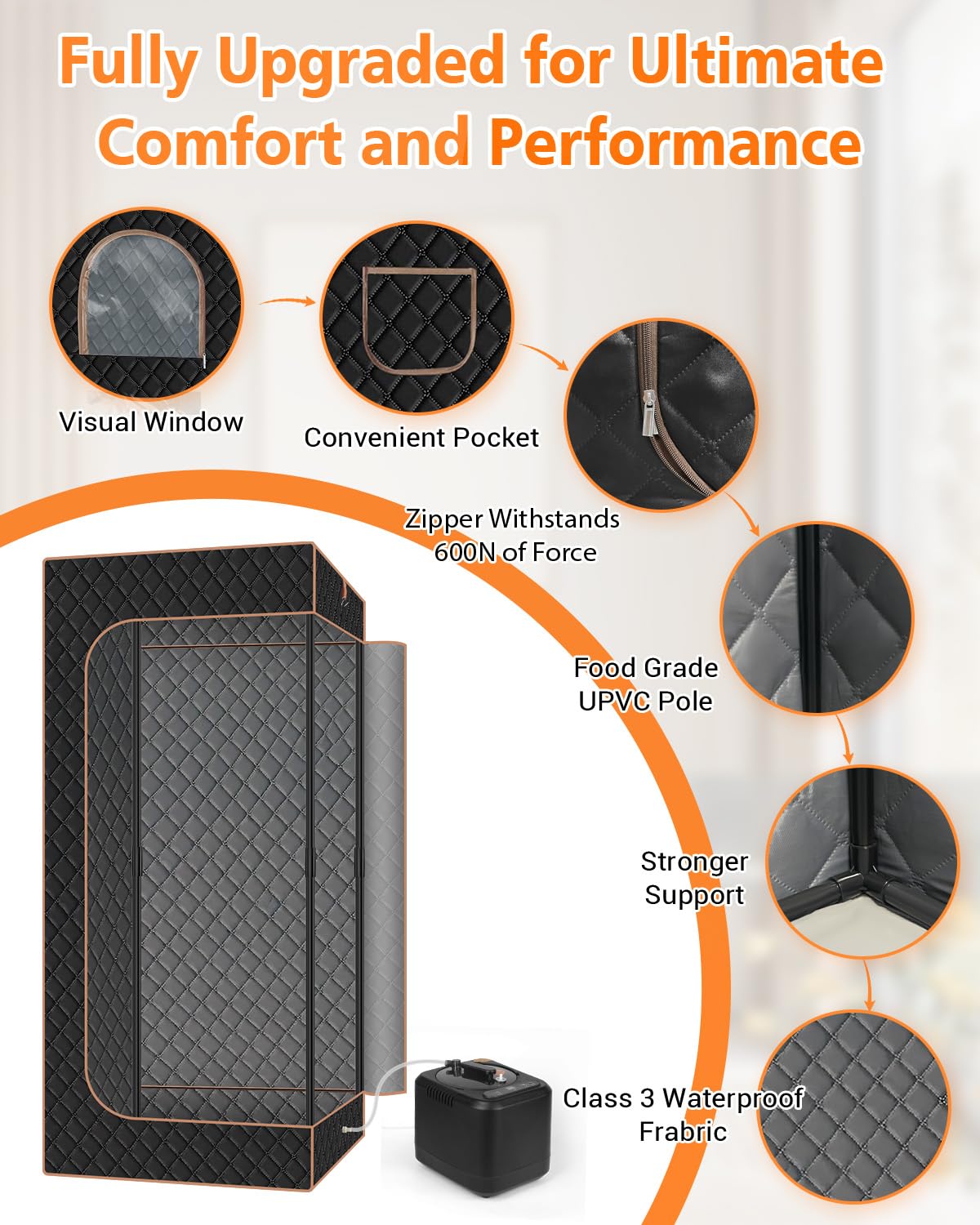 Portable Steam Sauna for Home: Full Body Sauna Box with 3L Steamer, Folding Chair, Home Sauna Tent Even Heating Spa for Women and Men Black & Brown, 35.4" x 35.4" x 70.86" GREENEVER