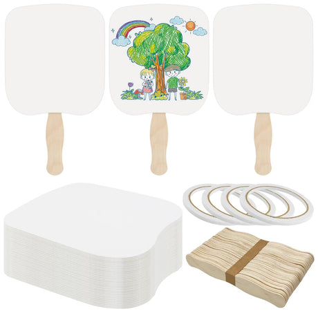 LOTMER 150 Pcs Church Fans Handheld Set, 100 Sheet Double Sided Paper Church Fans with 50 Pcs Wavy Wooden Sticks, Double Sided Paper Church Fans for DIY Crafting Painting (6.5X7.25in) LOTMER