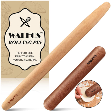 Walfos French Rolling Pin Set - Natural Wooden Rolling Pins (8inch, 15.7inch), Baking Dough Roller for Pizza, Pie, Pasta, Bread, Pastry, No Coating Walfos