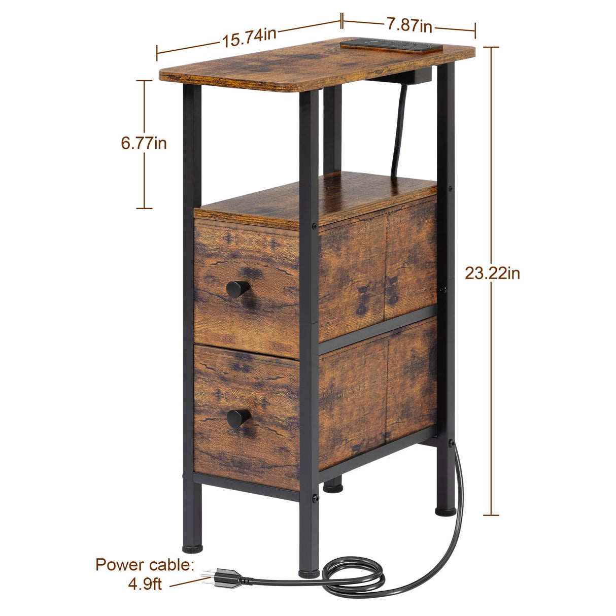 LOAKEKEL Narrow End Table Living Room with Charging Station, Skinny Side Table with Fabric Drawers, Slim LED Nightstand for Bedroom, Small Spaces, Couch, Rustic Brown, HETNDP02LPBR-1 LOAKEKEL