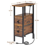 LOAKEKEL Narrow End Table Living Room with Charging Station, Skinny Side Table with Fabric Drawers, Slim LED Nightstand for Bedroom, Small Spaces, Couch, Rustic Brown, HETNDP02LPBR-1 LOAKEKEL