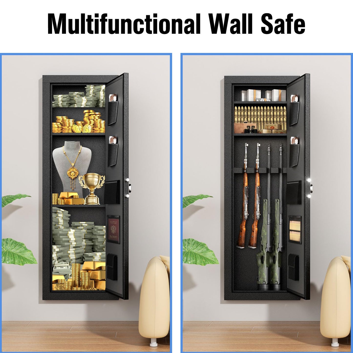 INTERGREAT [2024 NEW] 53" Wall Gun Safe, Gun Safes for Rifles and Pistols with Adjustable Rack, Fireproof In Wall Gun Safe Between Stud, 4 Rifle Safe with 3 Removable Shelf(Black)