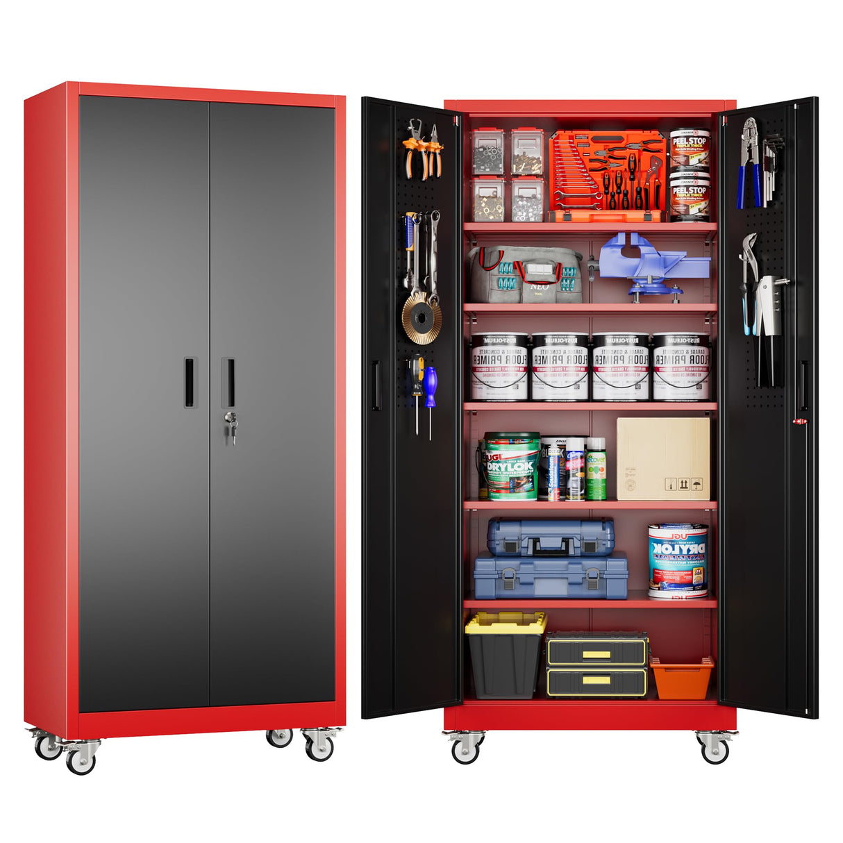 JAORD 71" Metal Storage Cabinet with Wheels and Pegboard, Lockable Rolling Steel Storage Cabinet with 5 Adjustable Shelves and Door for Garage, Office, Kitchen, Assembly Required（Black and red） JAORD