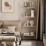 Wolawu Ladder Shelf 4 Tiers Metal Industrial Bookshelf,White Marble Wood Tall Open Storage Rack and Display Shelves,Wall Mount Wide Book Case for Home Office Bedroom,Small Wolawu