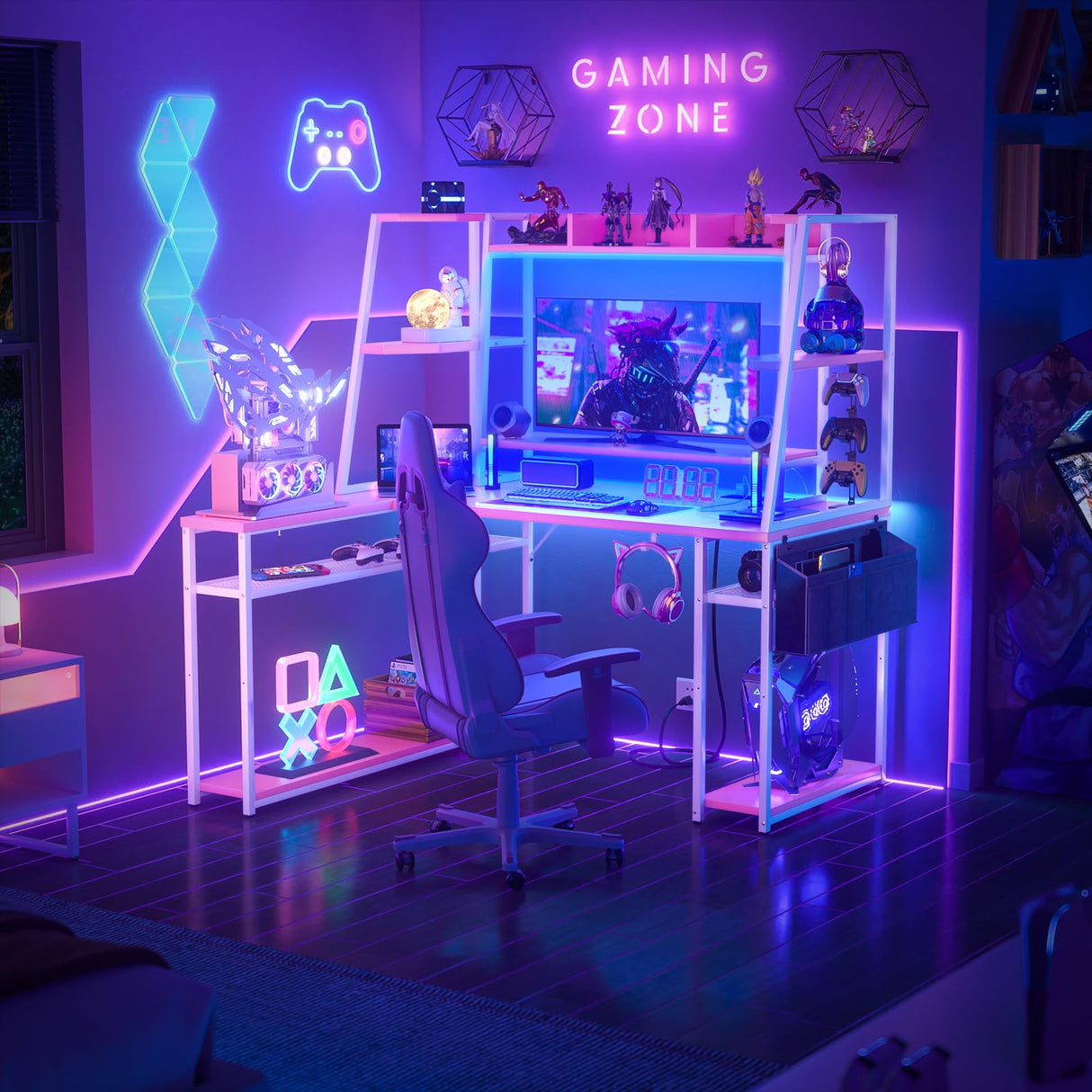 L Shaped Gaming Desk - Pink Gaming Desk with Hutch & Shelves, 47'' Gaming Computer Desk with LED Lights & Charging, Reversible PC Gaming Desk L Shape with Storage, L Desk for Gaming with Monitor Stand armocity