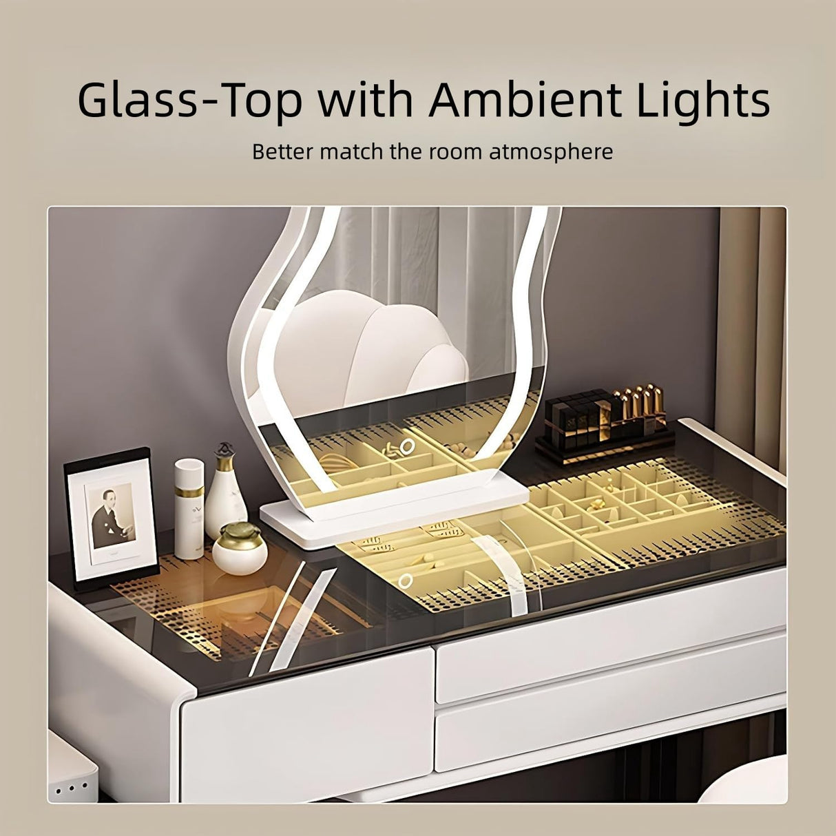 BLOVARI Luxury Makeup Vanity Table with Drawers, Wireless Charging Station & Speaker, Solid Wood Vanity Desk with LED Smart Makeup Mirror for Bedroom 48" BLOVARI