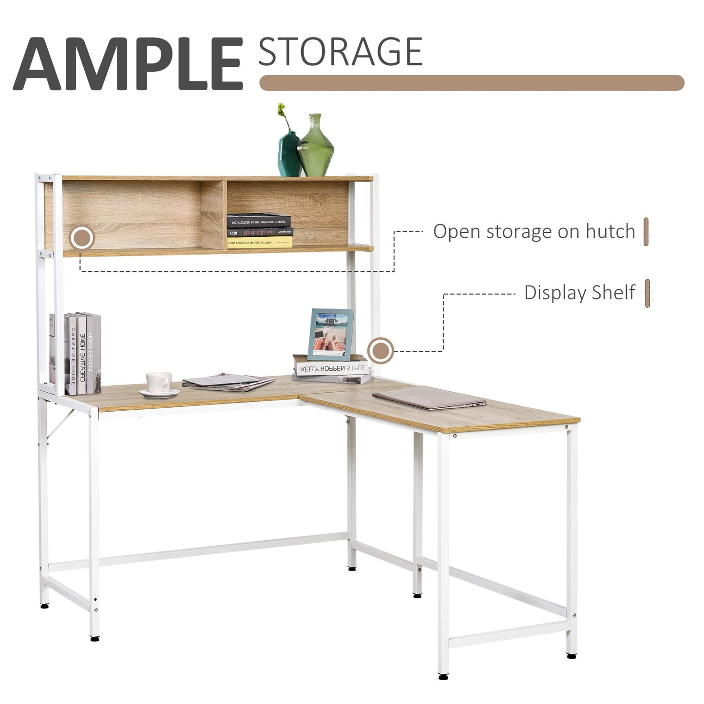 HOMCOM 55 Inch L Shaped Computer Desk with Hutch, Corner Desk for Home Office and Study, Writing Workstation with 2 Storage Compartments, Natural Wood Color