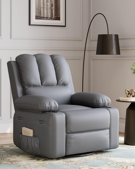 22 in Leather Recliner Chair for Adults, Overstuffed Manual Recliner Chair, Single Sofa with Cup Holder and Side Pockets, Upholstered Chair for Living Rooms, Gray GarveeHome