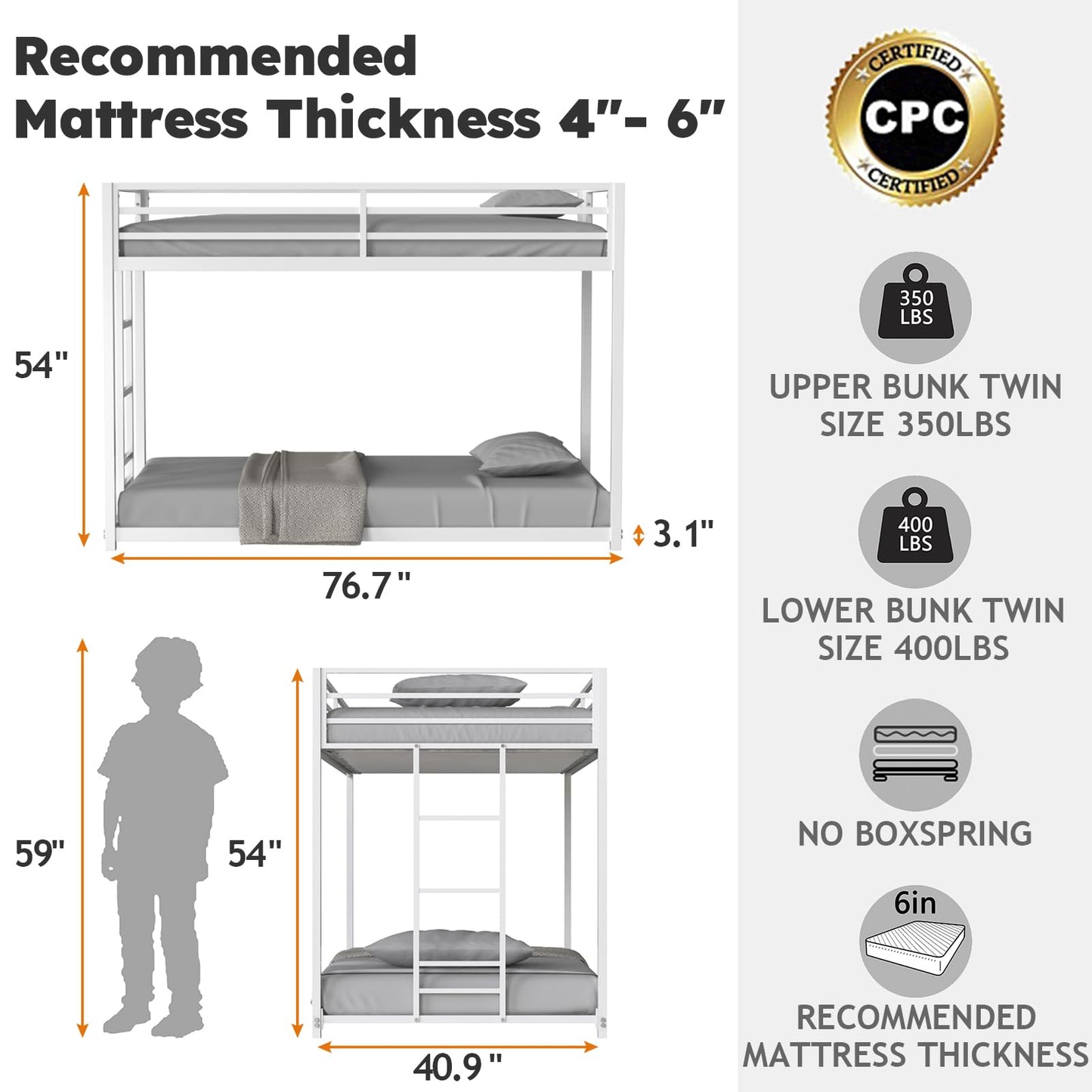 Zevemomo Twin Over Twin Bunk Bed, Metal Low Profile Bunkbeds with Full-Length Guardrail and Ladder, Space Saving, No Boxing Spring Needed, White