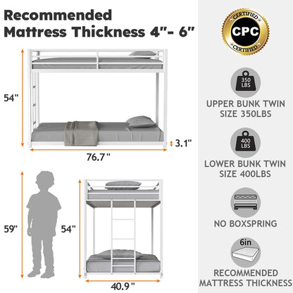 Zevemomo Twin Over Twin Bunk Bed, Metal Low Profile Bunkbeds with Full-Length Guardrail and Ladder, Space Saving, No Boxing Spring Needed, White