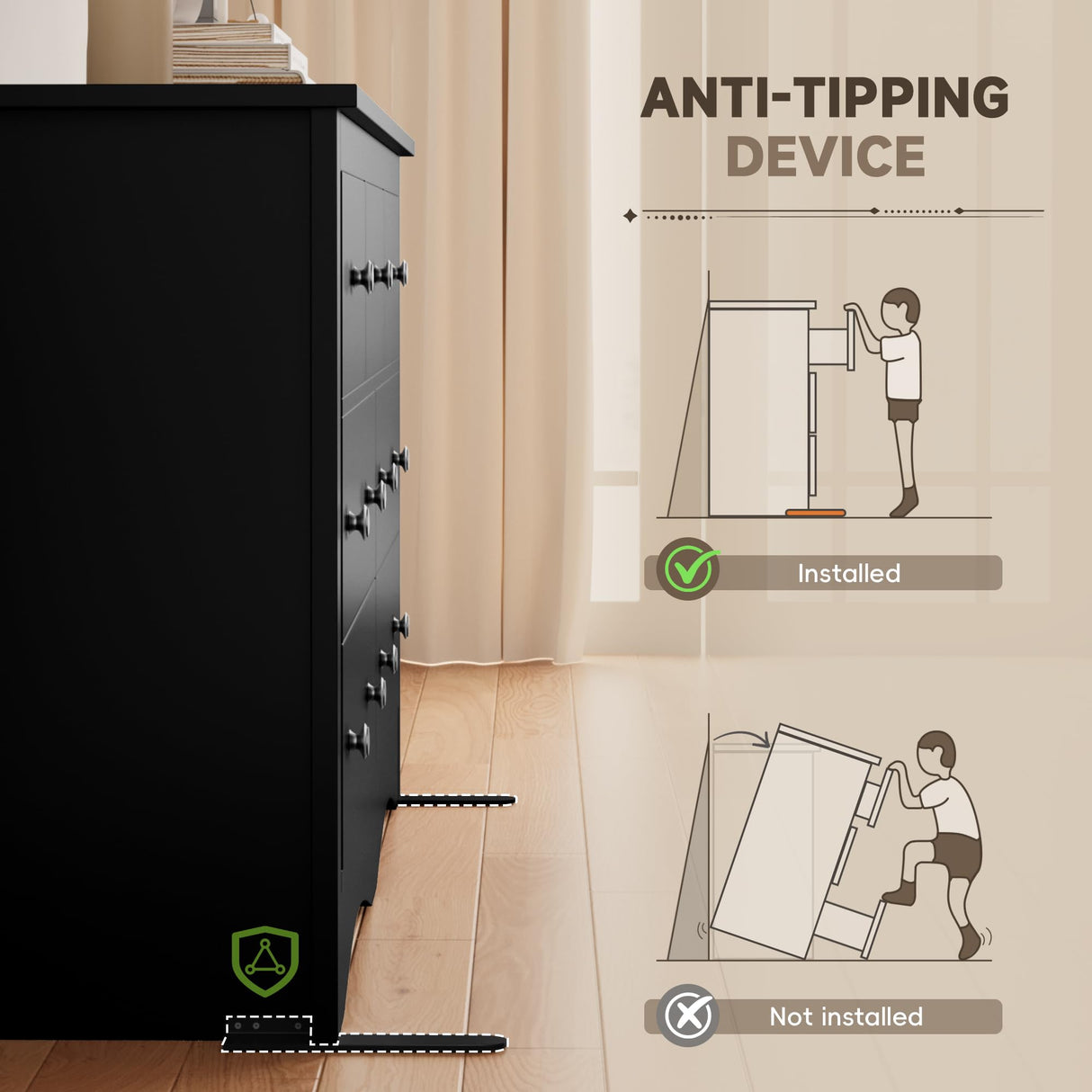 Furmax Dresser for Bedroom, 7 Wood Dresser, Chest of Drawers, for TV up to 65 inch, TV Stand Storage Chest of Drawers for Hallway Entryway (Black) Furmax