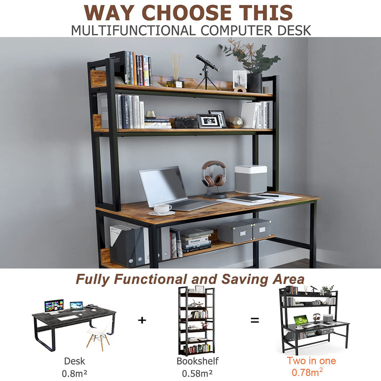 Aquzee Rustic Brown Computer Desk with Hutch & Bookshelf for Home Office – Space-Saving Industrial Design Aquzee