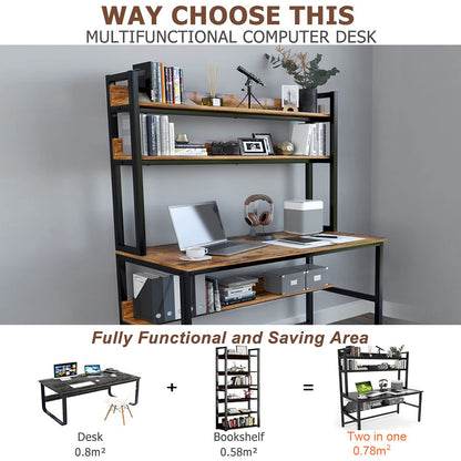 Aquzee Rustic Brown Computer Desk with Hutch & Bookshelf for Home Office – Space-Saving Industrial Design - WoodArtSupply