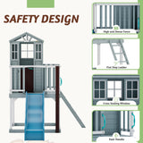 HOMMOW Kids Outdoor Playhouse, Cedar Wooden Outdoor Playhouse with Slide,Growth Chart,Interactive Play Kitchen,Installation Manual and Videos, Blue Grey HOMMOW