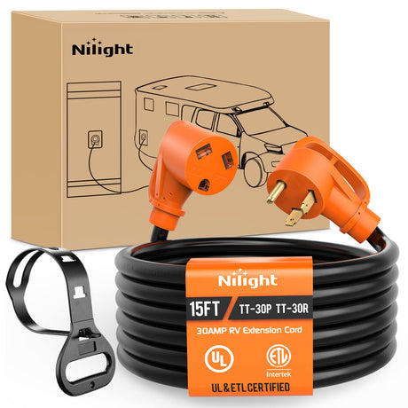 Nilight 30 Amp 15FT RV Extension Cord 125V Heavy Duty 10 Gauge Pure Copper STW Wire UL ETL Listed 3 Prong TT-30P TT-30R 30F/30M Weatherproof Cord Suit for RV Camper Caravan Trailer Nilight