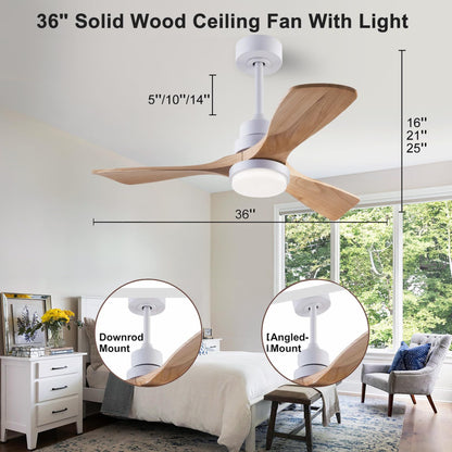 36" Ceiling Fan [with Lighted Remote], Indoor Outdoor Modern Wooden Ceiling Fan [with 3 Solid Wooden Blades] for Children's Room, Bedroom, Office (White)