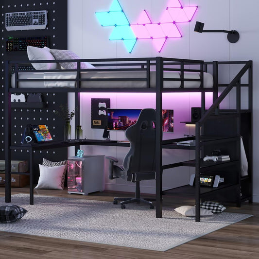 JIJIWANG Queen Size Loft Bed with L-Shaped Desk and USB, Metal Loft Bed with Wardrobe and Adjustable Shelf, with LED for Kids Teens Adults, Black