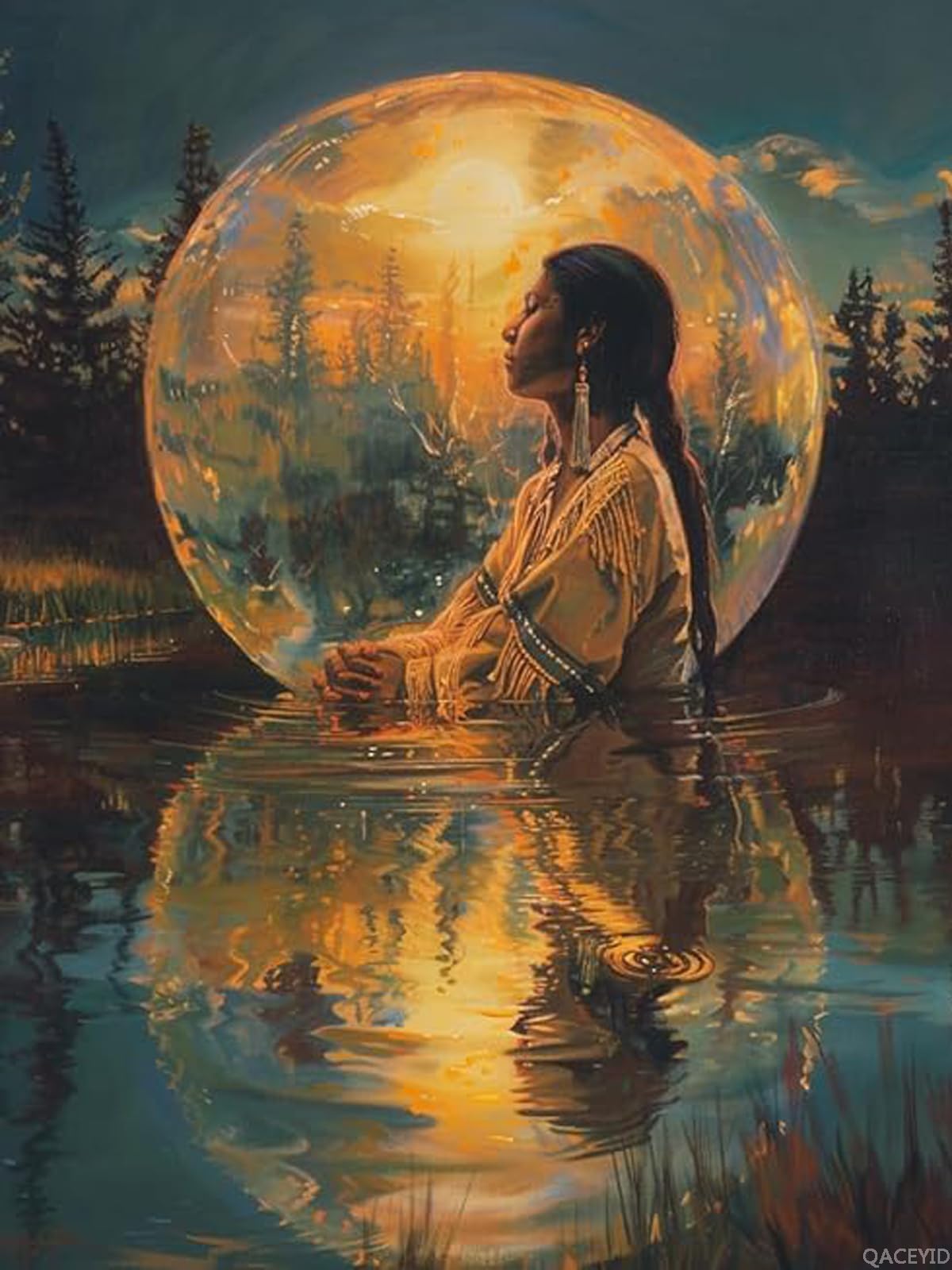 QACEYID Native American Woman Moon 5D Diamond Art Painting for Adults Full Drill Round Diamond Paint by Number Kits for Beginners Gems Cross Stitch for Wall Decor 12x16 inch QACEYID