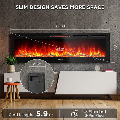 TURBRO 60” Smart WiFi Infrared Electric Fireplace with Sound Crackling and Realistic Flame, 1500W Quartz Heater, Recessed or Wall Mounted, Adjustable Flame Effects, Remote Control and App, in Flames