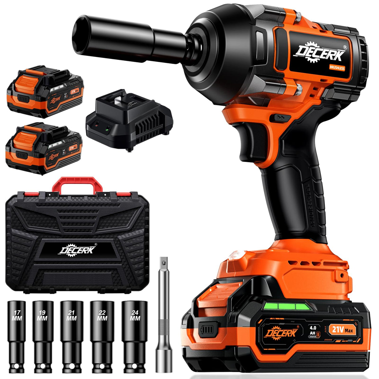 DECERK Cordless Impact Wrench Kit for Car, 1/2 Inch Driver, Brushless, 21V MAX, 650Ft-lbs (900N.m), Impact Gun with 2×4.0Ah Battery, Power Electric Wrench for Truck Tire/House/Mower Decerk