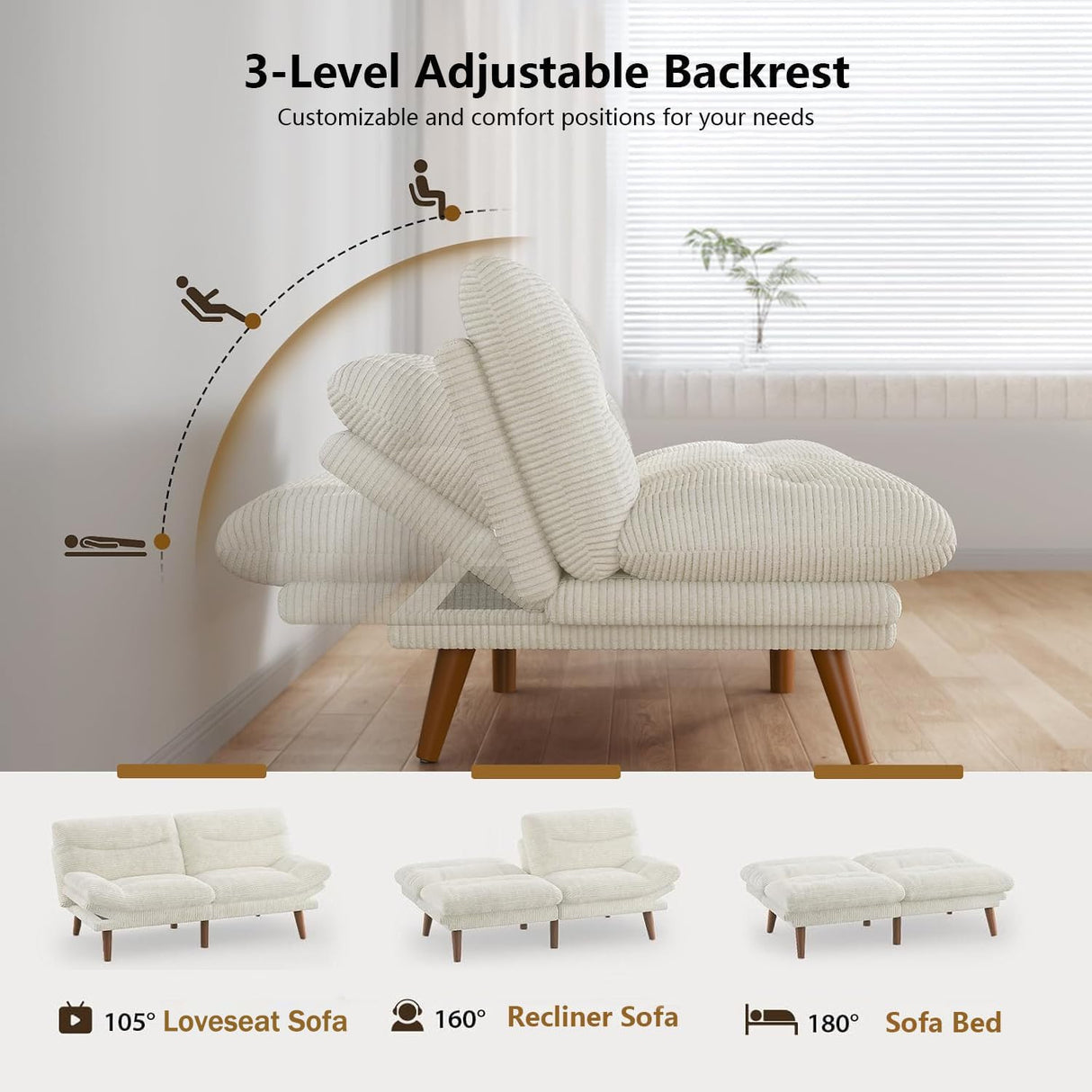 Pipishell Convertible Futon Sofa Bed,66" Corduroy Futon Couch with Adjustable Backrest and Armrests, Recliner Sleeper Sofa for Small Spaces, Play Room or Office, White Pipishell