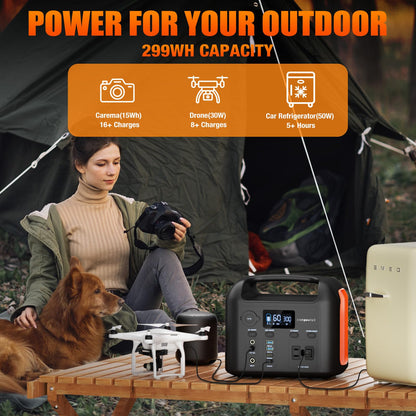 Portable Power Station, 300W (600W Peak) 299Wh LiFePO4 Solar Generator Pure Sine Wave 110V AC Car Outlets PD 60W QC3.0 Backup Power Supply Bank for Camping, Blackout, CPAP - WoodArtSupply