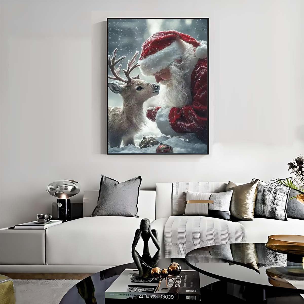 5D Christmas Diamond Art Kits for Adults, Santa Claus and his Little Deer Diamond Painting Kits,DIY Round Full Drill Diamond Dots Gem Art Painting for Home Wall Decor 12 X 16 Inch GEMFAMILY