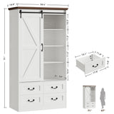 IRONCK Armoire Wardrobe Closet with 4 Drawers,71" Wardrobe Cabinet with Sliding Barn Doors, Tall Clothing Storage Cabinet with Hanging Rod and Shelves for Bedroom, White IRONCK