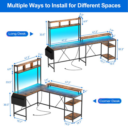 Jojoka L Shaped Computer Gaming Desk with LED Lights & Power Outlets, 67" Reversible Large L-Shaped Desk with Monitor Stand & Storage Shelves (Rustic Brown)