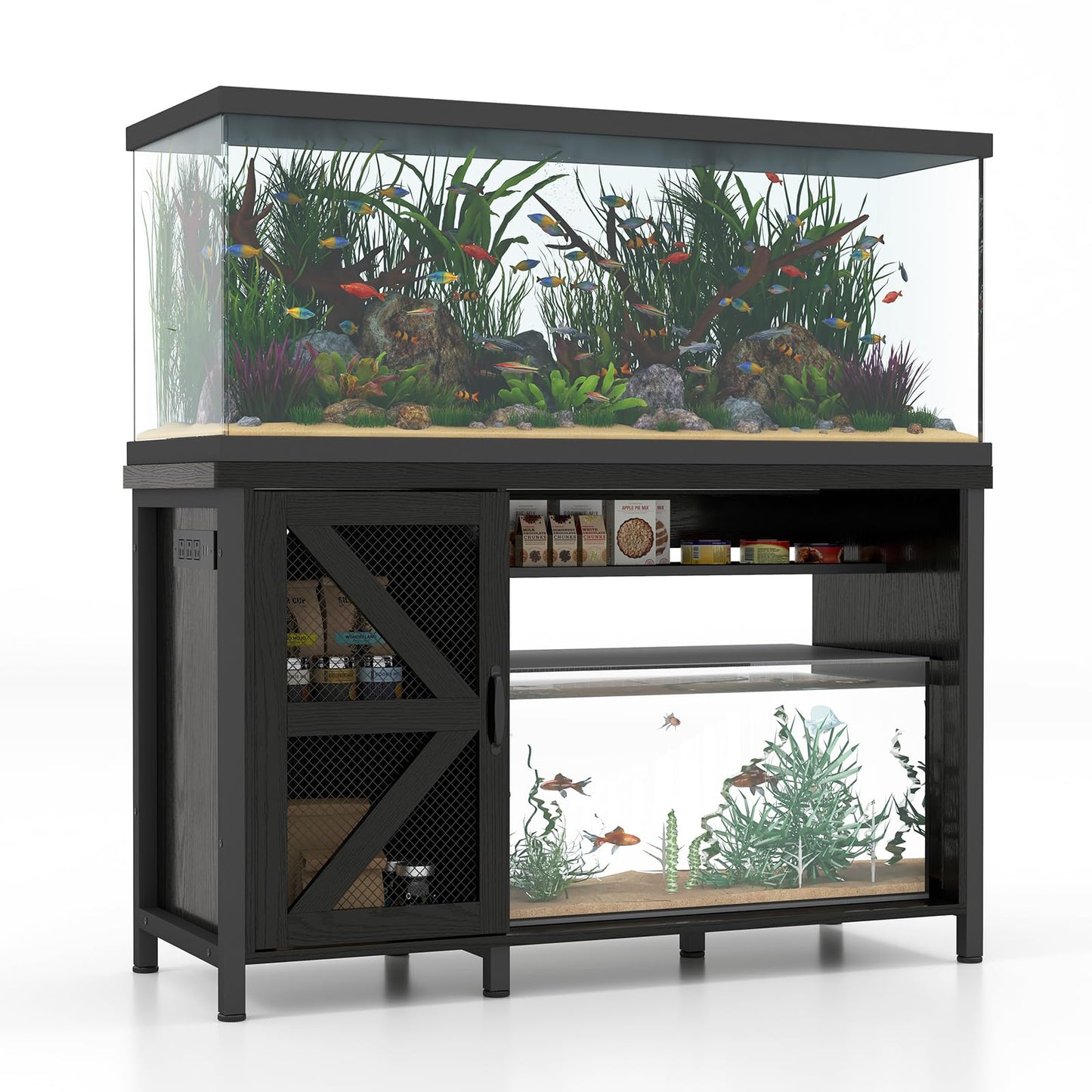 Verano 55-75 Gallon Aquarium Stand with Storage Cabinet, Fish Tank Stand with Power Outlets & LED Light, Wooden Turtle Tank 52 inch x 19.7-inch Desktop, Heavy Duty Metal Frame,1100LBS Capacity (Black)