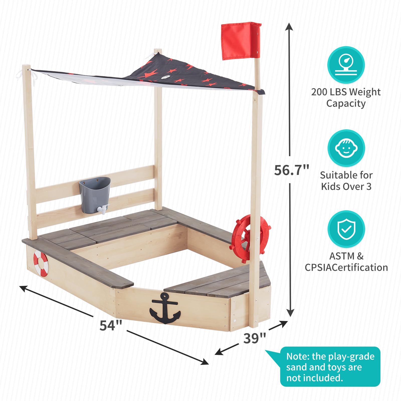 Pirate Ship Kids Sandbox with Cover, Wooden Sandbox with Storage Bench, Seat, Sink, Outdoor Sand Box for Backyard Garden, Kids Sand Boxes for Aged 3-8 Years Old, Children Playset Sandpit (Lig - WoodArtSupply