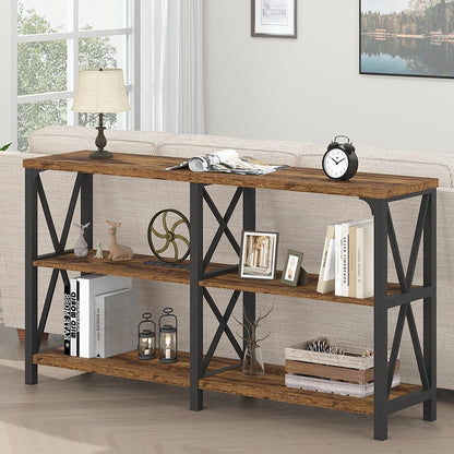 LVB Rustic Console Table, Industrial Wood Metal Sofa Table Behind Couch, Farmhouse Long Entryway Table with Storage Shelf, Large Wooden Foyer Hallway