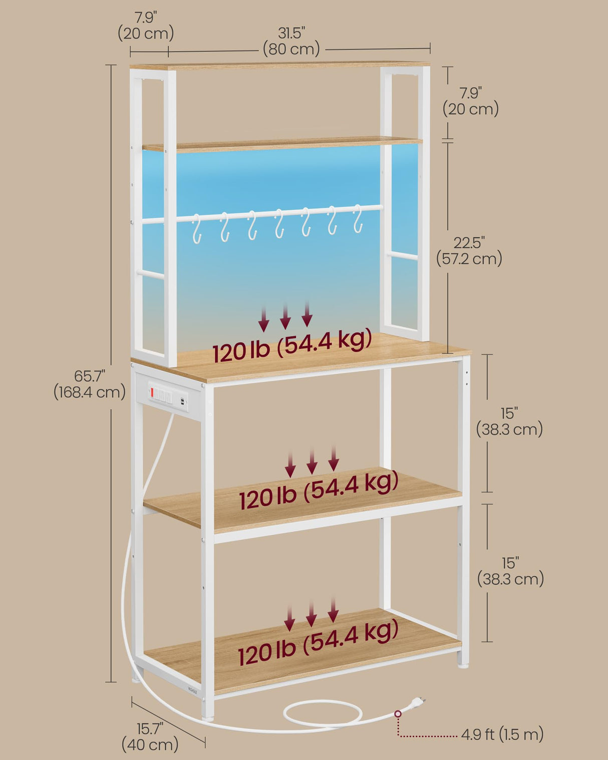 VASAGLE Coffee Bar with LED Lights, Kitchen Bakers Rack with Power Outlet, Microwave Stand with Adjustable Shelves, 8 Hooks, 15.7 x 31.5 x 65.7 Inches, Golden Oak and Matte White UKKS050Y01 VASAGLE