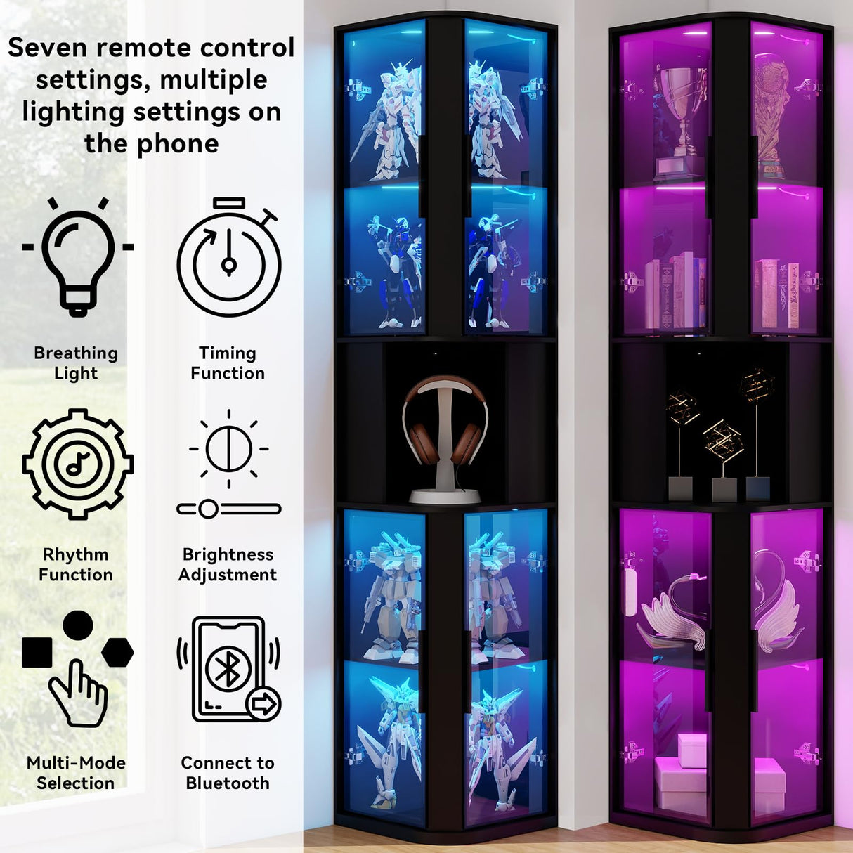 ARTETHYS Glass Display Cabinet Doors 78‘’ Tall Corner Display Case with Lights for Collectibles 5-Tier Curio Storage Shelf for Toys, Books, Black ARTETHYS