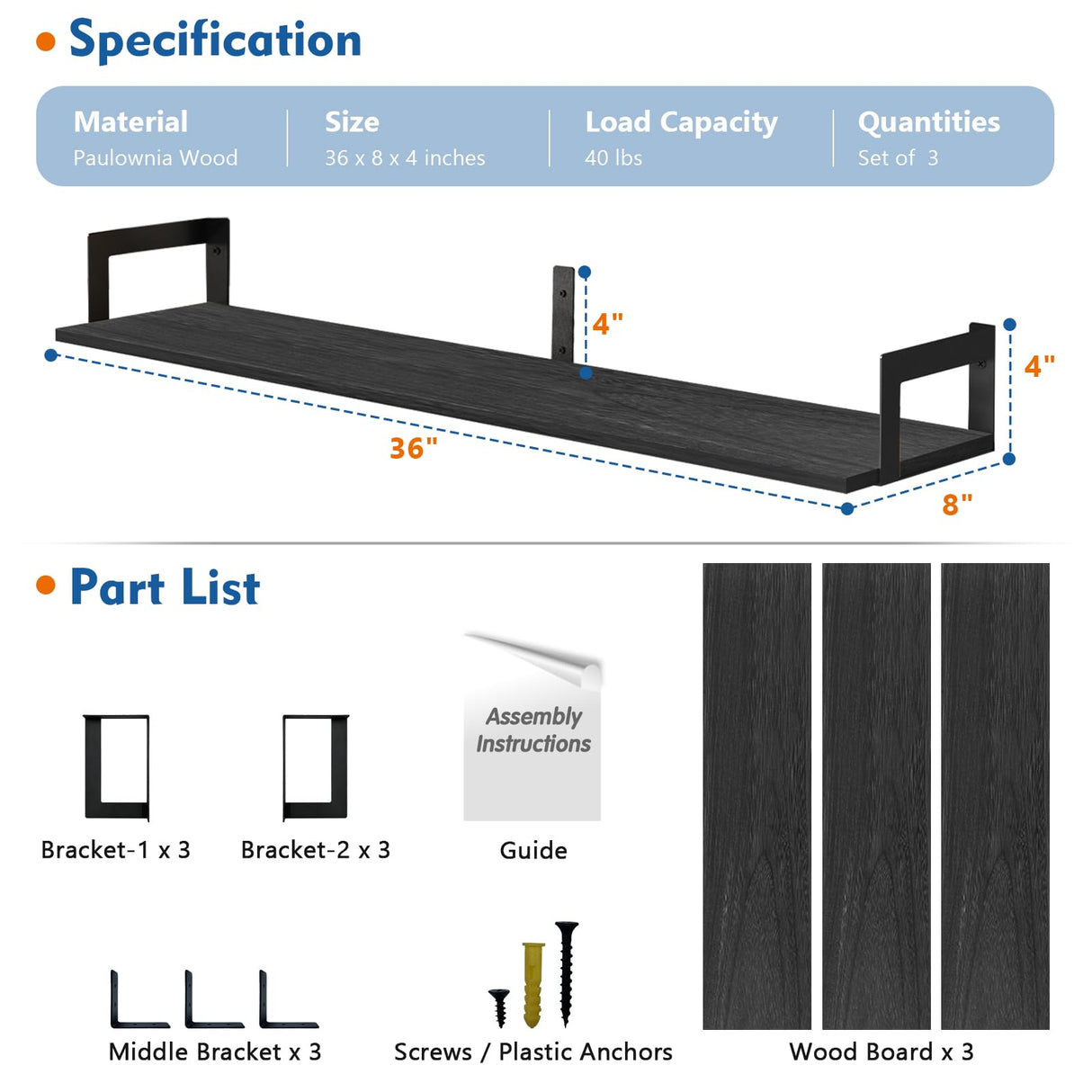 Harwaya Large Floating Book Shelves for Wall Set of 3, 36 Inch Long Wall Mount Bookshelf for Bedroom, Heavy Duty Wood Hanging Bookshelves for Books, Laundry Living Room Classroom Library -Black Harwaya