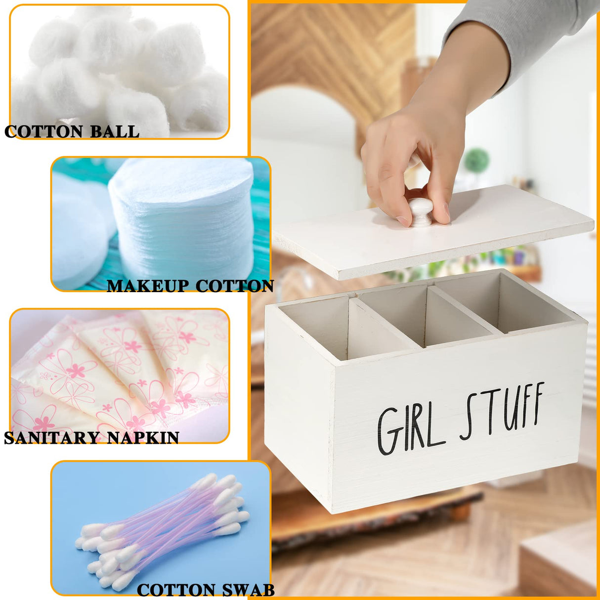 Otuuz Tampon Holder for Bathroom with Lid Tampon Storage Pad Container for Bathroom Feminine Product Organizer Wood Farmhouse Bathroom Organizer Countertop Storage Box Movable Partition(Blank Style) Otuuz