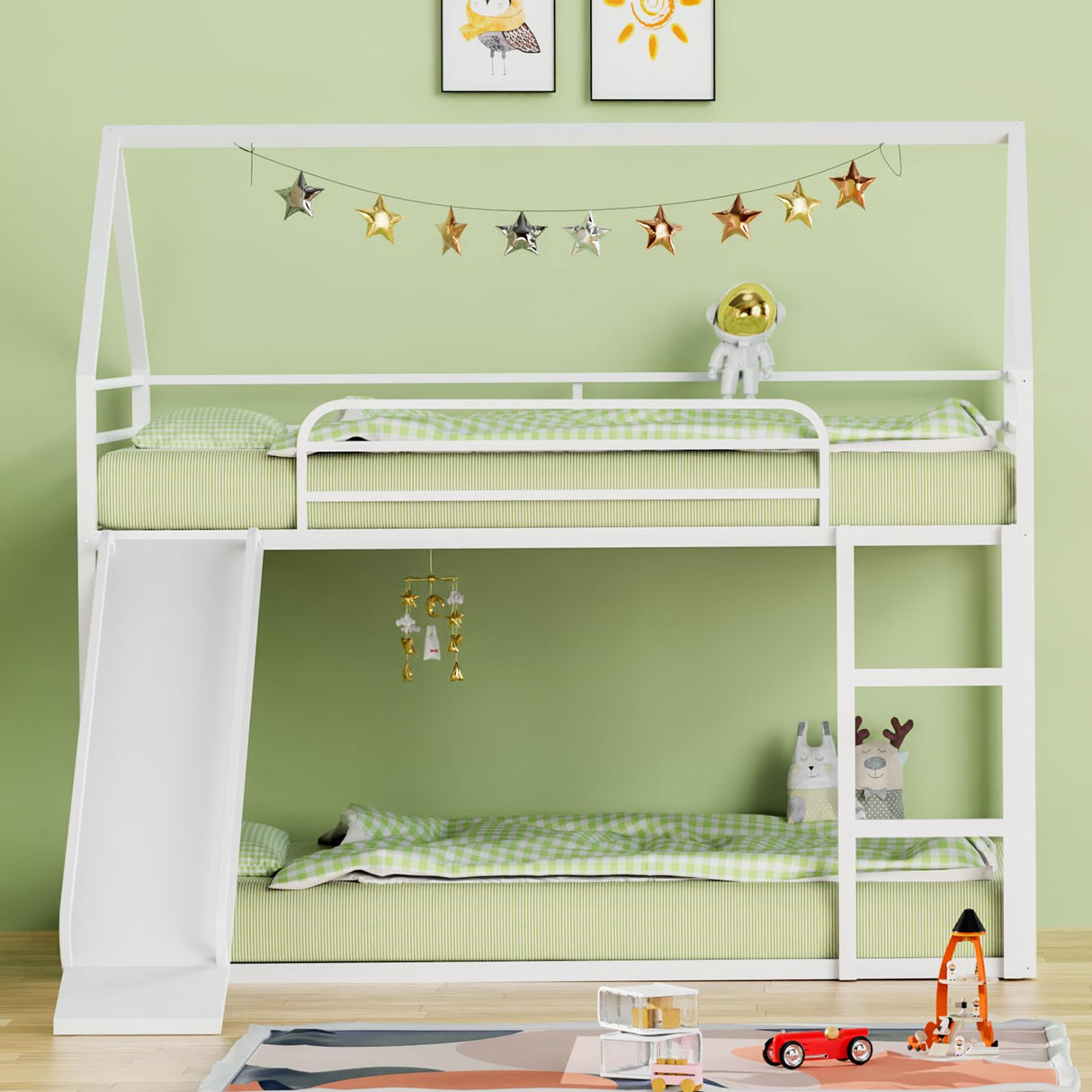 Varmsteda Bunk Bed Twin Over Twin for Kids with Slide and Ladder, Metal Floor Bunk Bed Frame with Full-Length Guardrail, Space-Saving Bunk Beds, White Varmsteda