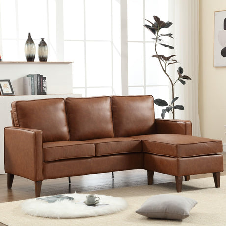 HAOMARKETS Faux Leather L Shaped Couch with Solid Wood Feet, 3-Seater Sofa with Reversible Chaise for Apartment, Sectional Couches for Living Room, Brown HAOMARKETS