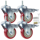 Swivel Stem Casters, Heavy Duty Double-Locking Castors with Red PU Wheels Quiet and No Marking with Metric Thread Rods M10-1.5x25mm 800-1000lb Load Capacity Pack of 4 (3 Inch) N\A